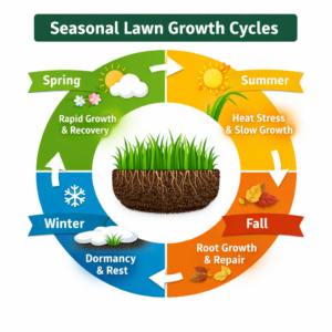 Seasonal lawn growth cycles infographic explaining lawn care timing through spring, summer, fall, and winter