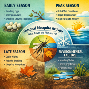 Seasonal mosquito activity infographic showing how temperature, moisture, and seasons influence mosquito populations throughout the year