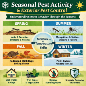 Seasonal pest activity infographic showing how temperature, moisture, and shelter affect crawling insect behavior around homes