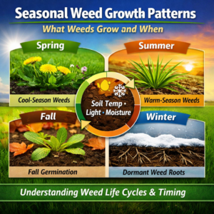 Seasonal weed growth showing which lawn weeds emerge in spring, summer, fall, and winter based on soil temperature and conditions