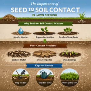 Seed to soil contact infographic showing how proper contact improves bluegrass seed germination and root development