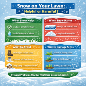 Snow on lawn infographic showing when winter snow protects grass, when it causes damage, and what homeowners should avoid