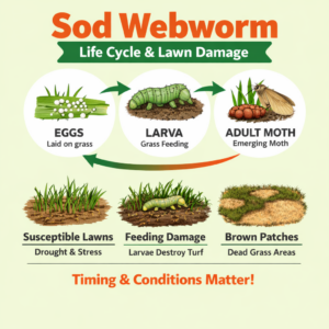 Sod webworm life cycle infographic showing egg, larva, pupa, and adult moth stages and how feeding leads to patchy lawn damage