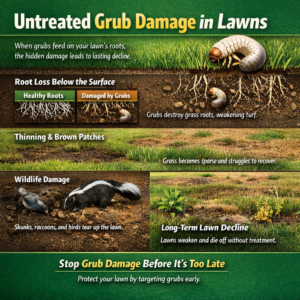 Untreated grub damage infographic showing how grubs destroy grass roots, thin turf, attract wildlife, and cause long-term lawn decline