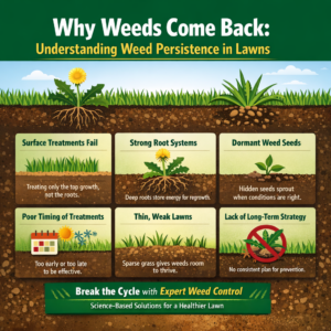 why weeds come back infographic showing root systems, dormant seeds, poor timing, and thin lawns