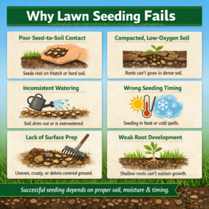 Why lawn seeding fails infographic showing poor seed-to-soil contact, compacted soil, watering mistakes, timing issues, surface prep problems, and weak root growth