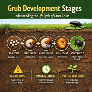 Grub development stages infographic showing egg, larval, pupal, and adult beetle phases that impact lawn health