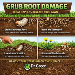 Infographic showing grub root damage beneath a lawn, with grubs feeding on grass roots, weakened turf, and resulting weed and disease pressure.