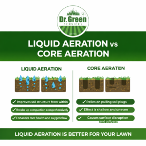Liquid aeration vs core aeration infographic showing why liquid aeration improves soil structure, oxygen flow, and root health