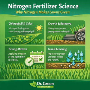 Nitrogen fertilizer science infographic showing how nitrogen creates green lawn color, supports growth, and impacts nutrient timing
