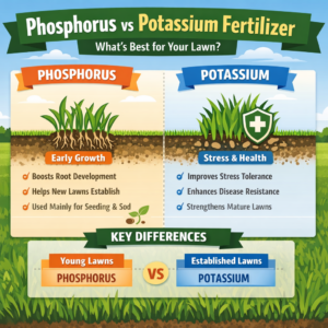 Phosphorus vs potassium fertilizer infographic showing how phosphorus supports root growth in new lawns and potassium improves stress tolerance in established lawns