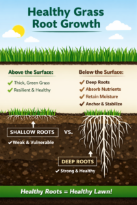 Grass Root Growth Science infographic showing shallow roots versus deep roots and how healthy root systems support stronger lawns