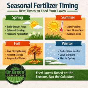 Seasonal fertilizer timing infographic showing the best times to fertilize lawns in spring, summer, fall, and winter