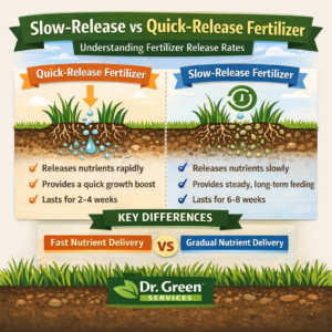 Slow-release vs quick-release fertilizer infographic showing differences in nutrient release speed, soil absorption, and lawn feeding duration