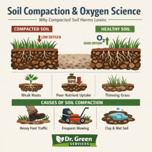 Soil compaction and oxygen science showing how compacted soil limits oxygen flow and weakens grass roots compared to healthy soil