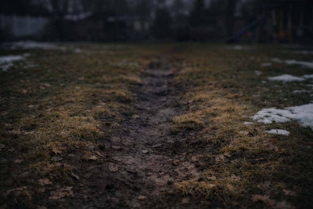 High traffic lawn damage caused by repeated foot traffic creating a worn, compacted path through grass