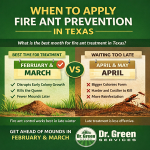 Fire ant prevention infographic showing the best time to apply fire ant prevention in Texas during February and March