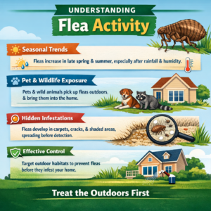 Infographic explaining how fleas and pets are connected through outdoor environments, seasonal activity, and flea life cycle development.