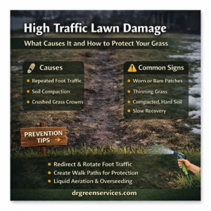 High traffic lawn damage infographic showing causes, warning signs, and prevention tips for foot traffic damage