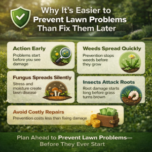Infographic explaining why it’s easier to prevent lawn problems than fix them later, including weeds, fungus, insects, and costly lawn repairs.