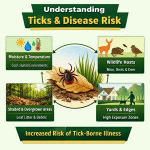 Infographic explaining tick disease spread through outdoor habitats, wildlife hosts, moisture, and shaded yard areas