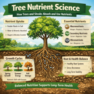Tree nutrient science infographic showing how trees and shrubs absorb nutrients through roots, support growth cycles, and maintain long-term health