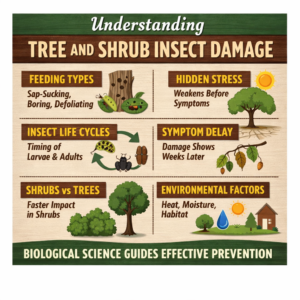 Infographic explaining tree insect damage, showing insect feeding types, delayed symptoms, plant stress, and environmental factors affecting trees and shrubs.