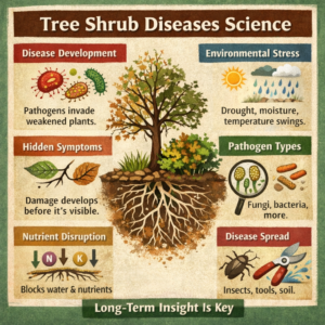 Tree shrub diseases infographic showing how diseases develop, spread, and affect long-term tree and shrub health