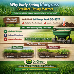 Infographic explaining early spring buegrass fertilizer timing, showing soil temperature at 50–55°F, balanced NPK nutrients, and comparison of deep roots versus shallow roots in Midwest Kentucky bluegrass lawns.