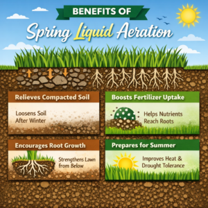Spring liquid aeration infographic showing benefits like improved soil, root growth, and nutrient absorption