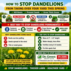 Infographic showing how to stop dandelions with lawn care steps like killing roots, preventing seeds, and thickening grass