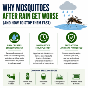 Mosquitoes after rain infographic showing how standing water leads to fast mosquito growth and how to stop them