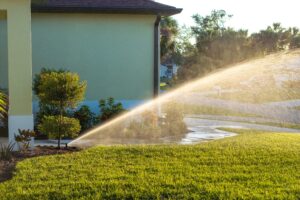 healthy green lawn with sprinkler running to avoid spring lawn care mistakes