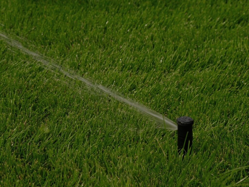 Sprinkler watering a healthy green lawn during summer lawn watering Chicago in the early morning