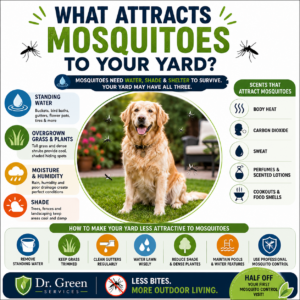 Colorful infographic explaining what attracts mosquitoes to your yard including standing water, moisture, shade, and overgrown grass