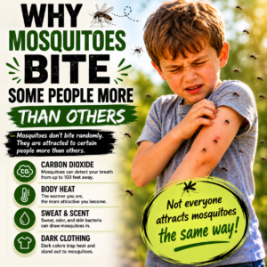 Why mosquitoes bite some people more than others infographic showing a child being bitten by mosquitoes outdoors